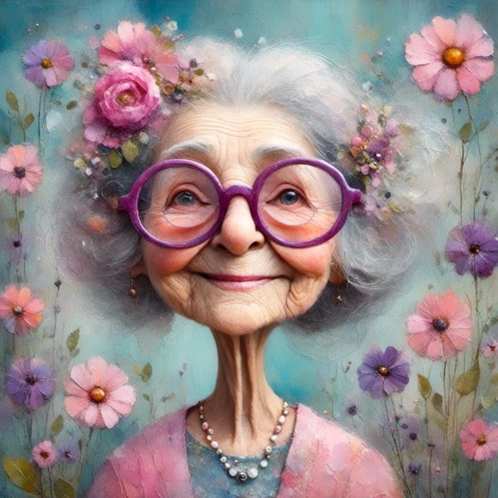 Elderly Woman on Flower, Whimsical Watercolour Painting