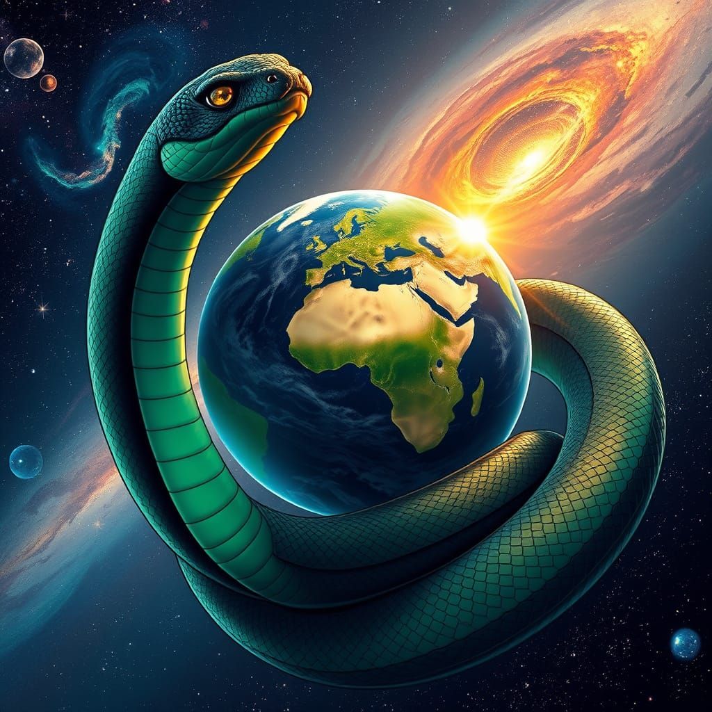 Cosmic Serpent Supports the Earth in Vibrant Flat Style