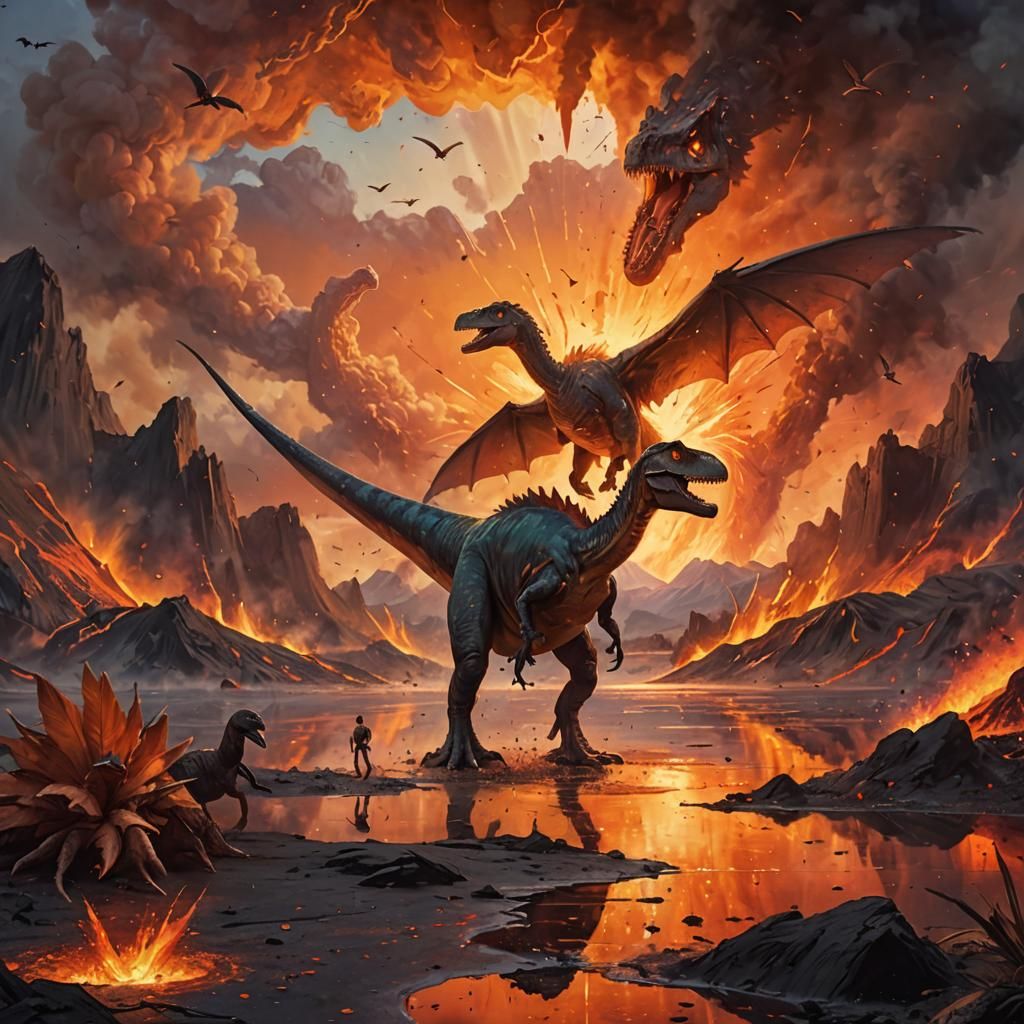 Bird Chasing Dinosaur in Surreal Fauvist Landscape