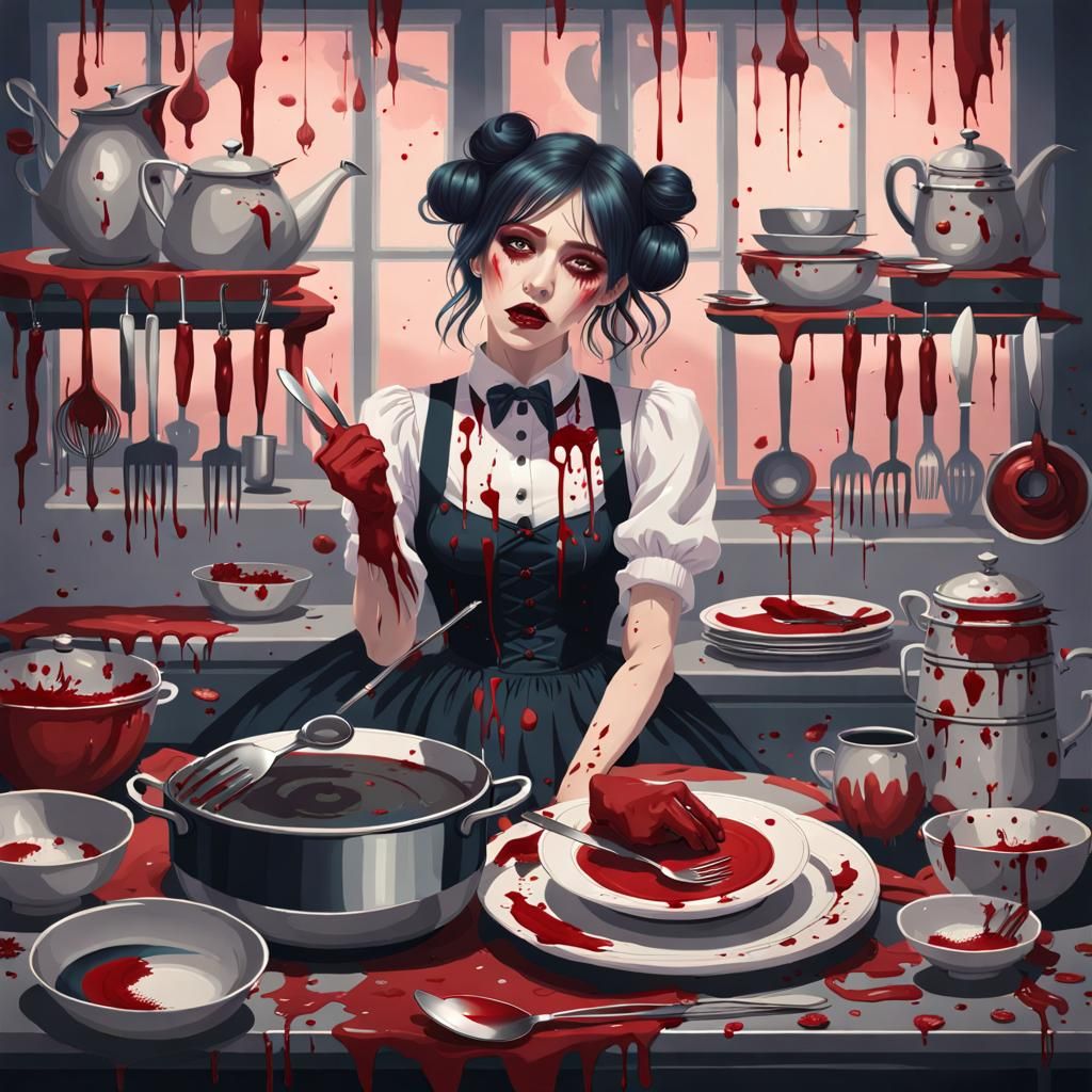 Frightened Goth Girl in a Chaotic Kitchen