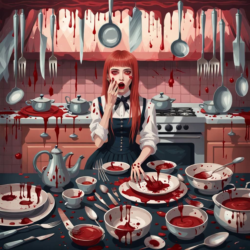 Frightened Goth Girl with Bloody Kitchenware