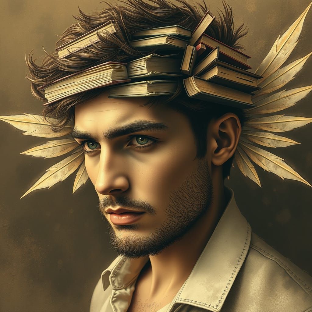 Portrait with Book Head and Wings in Sepia Tones