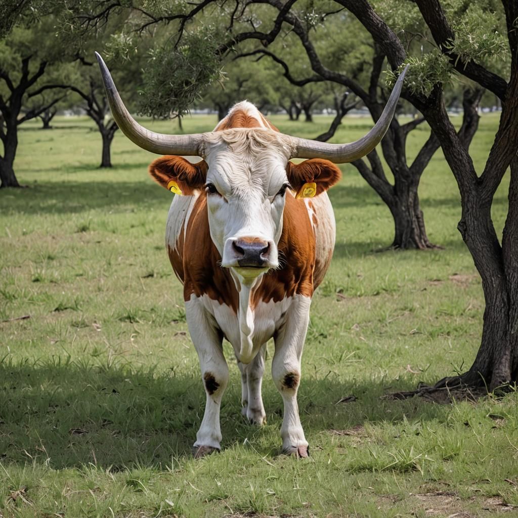 Texas Longhorn Cow Grazing Under a Tree