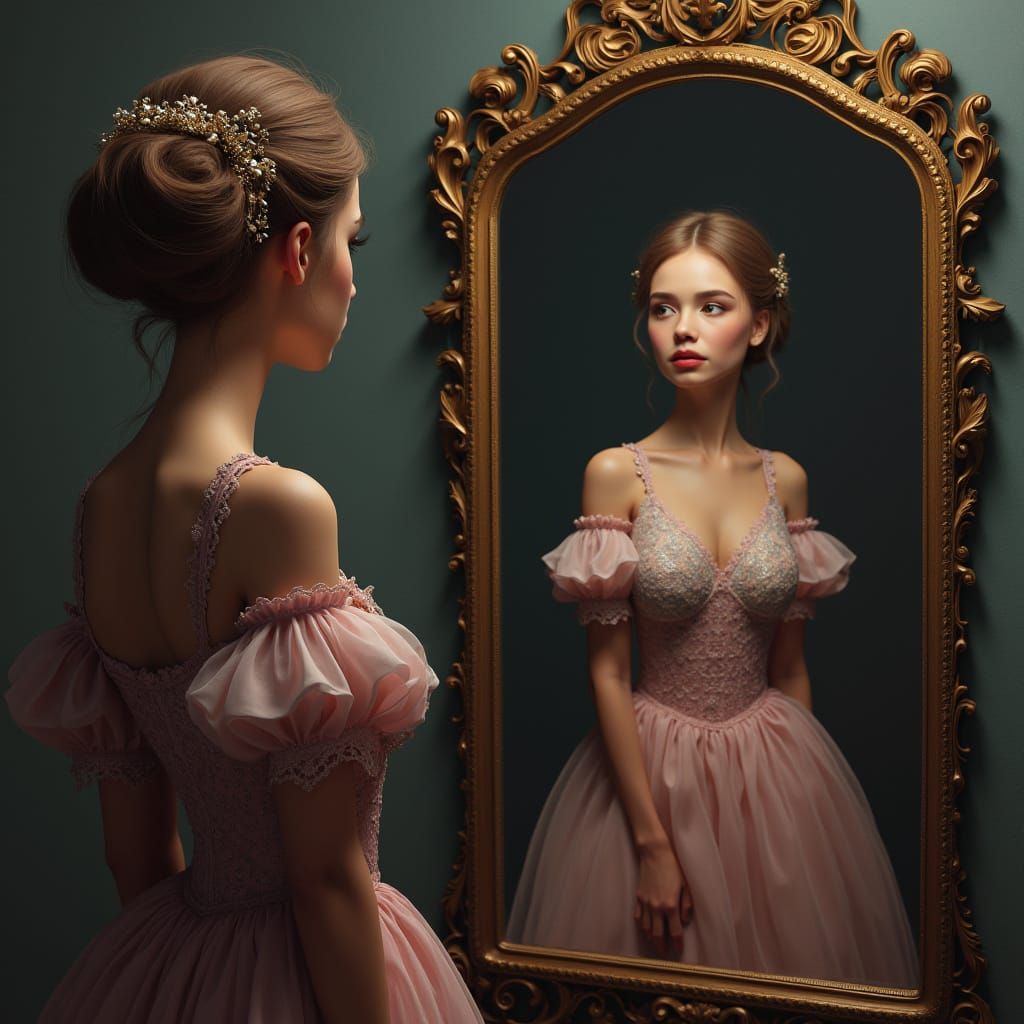 Elegant Woman and Reflected Figure in Matte Painting