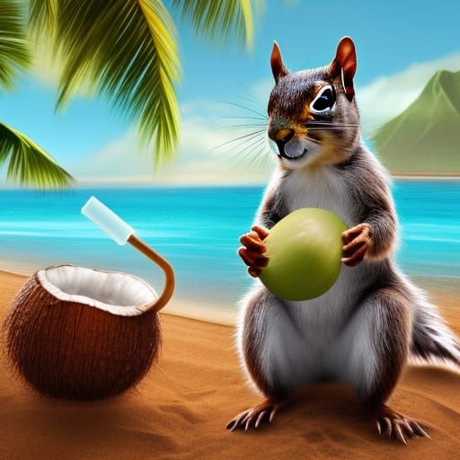 Squirrel Sipping Coconut in Hawaii: Fantasy Art