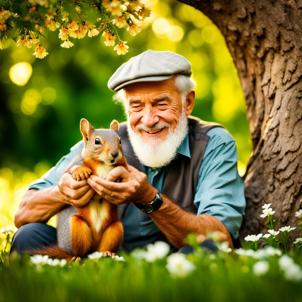 Man and Squirrel Enjoying Nature's Peace