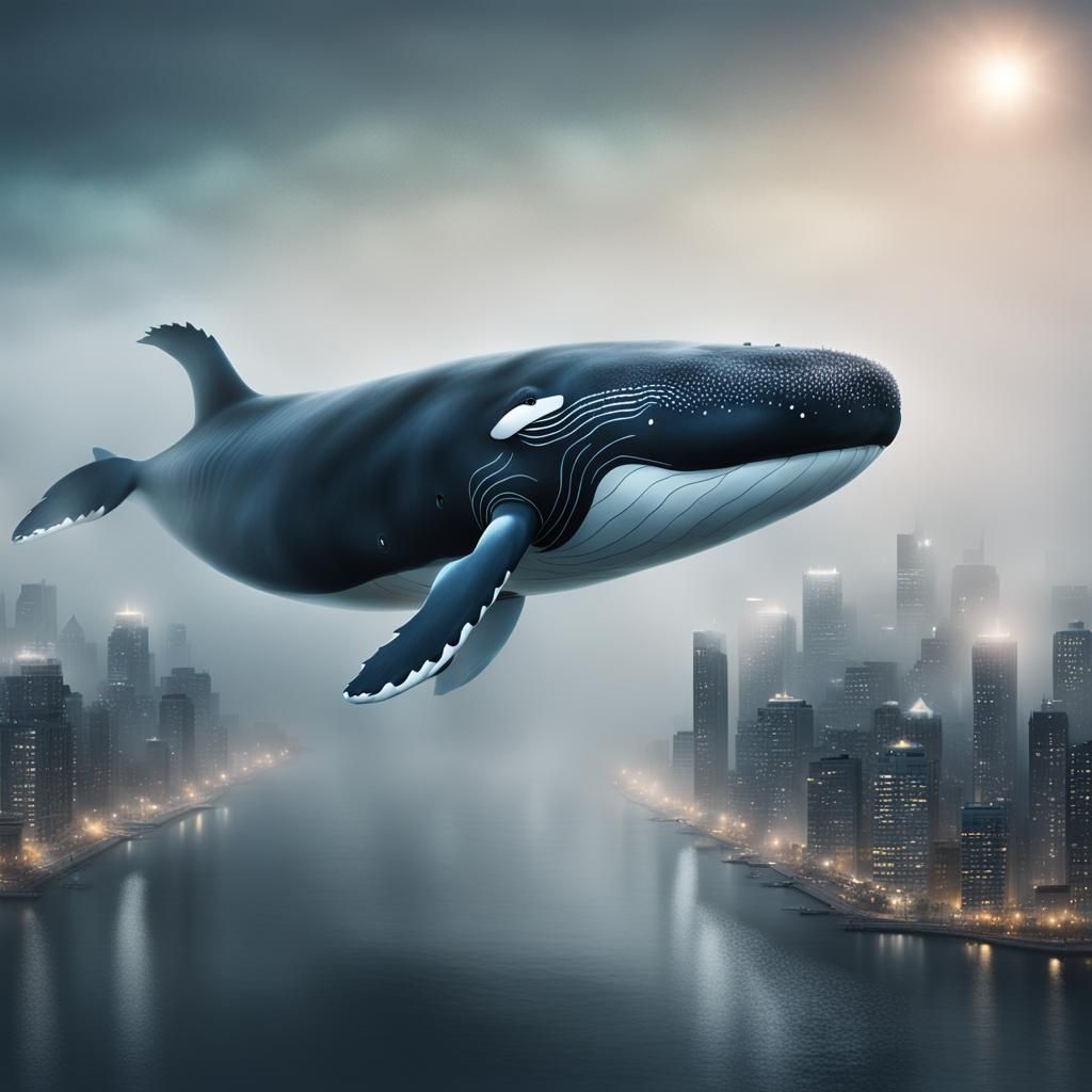 Giant Whale Swims Above Foggy City