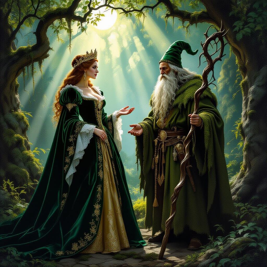 Renaissance Queen & Druid in Moonlit Forest Oil Painting