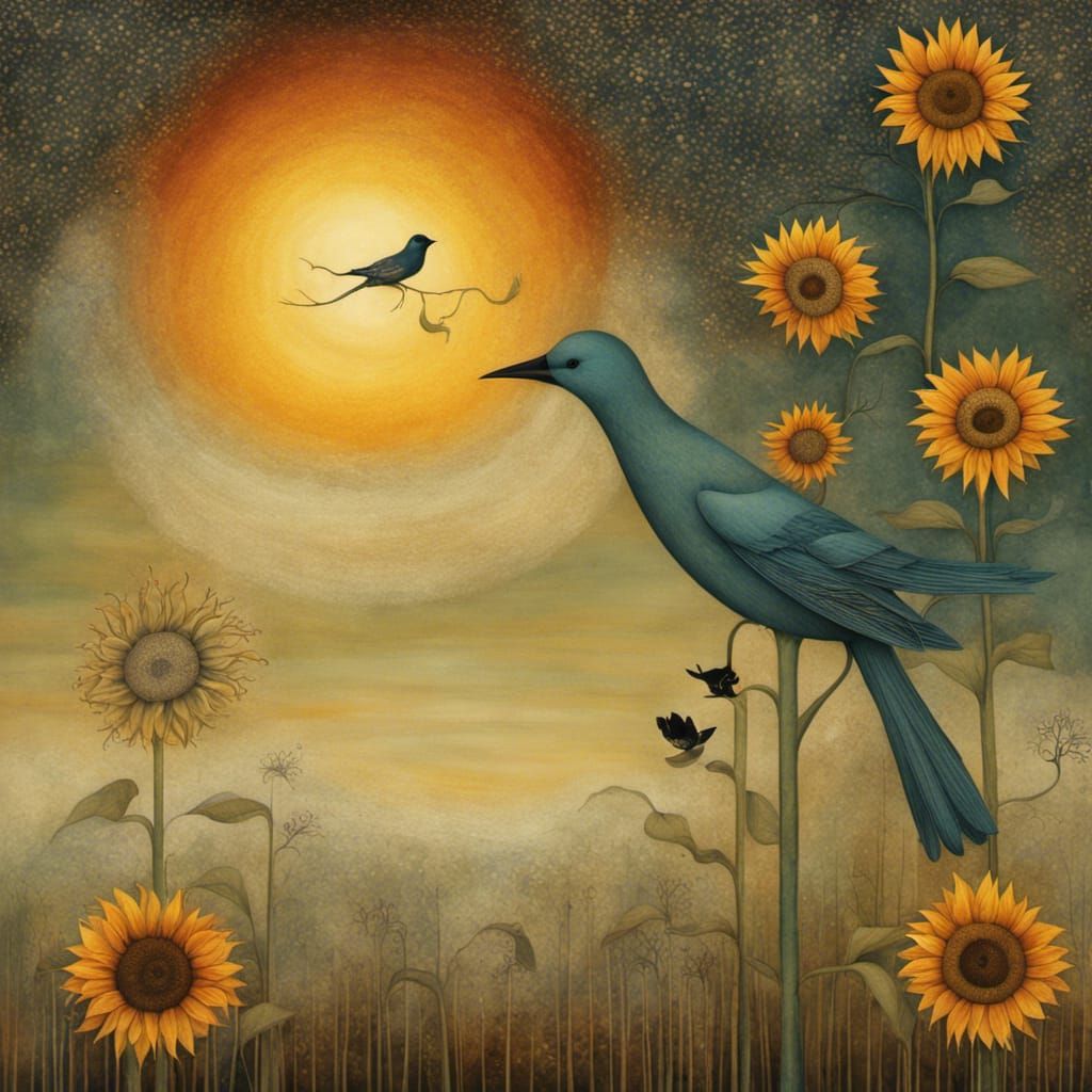 Sunflower and Bird at Sunset: Surreal Illustration