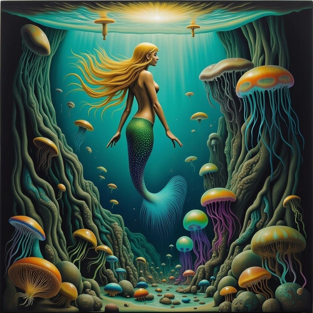 Mystical Mermaid Among Coral: Dreamlike Sci-Fi Scene