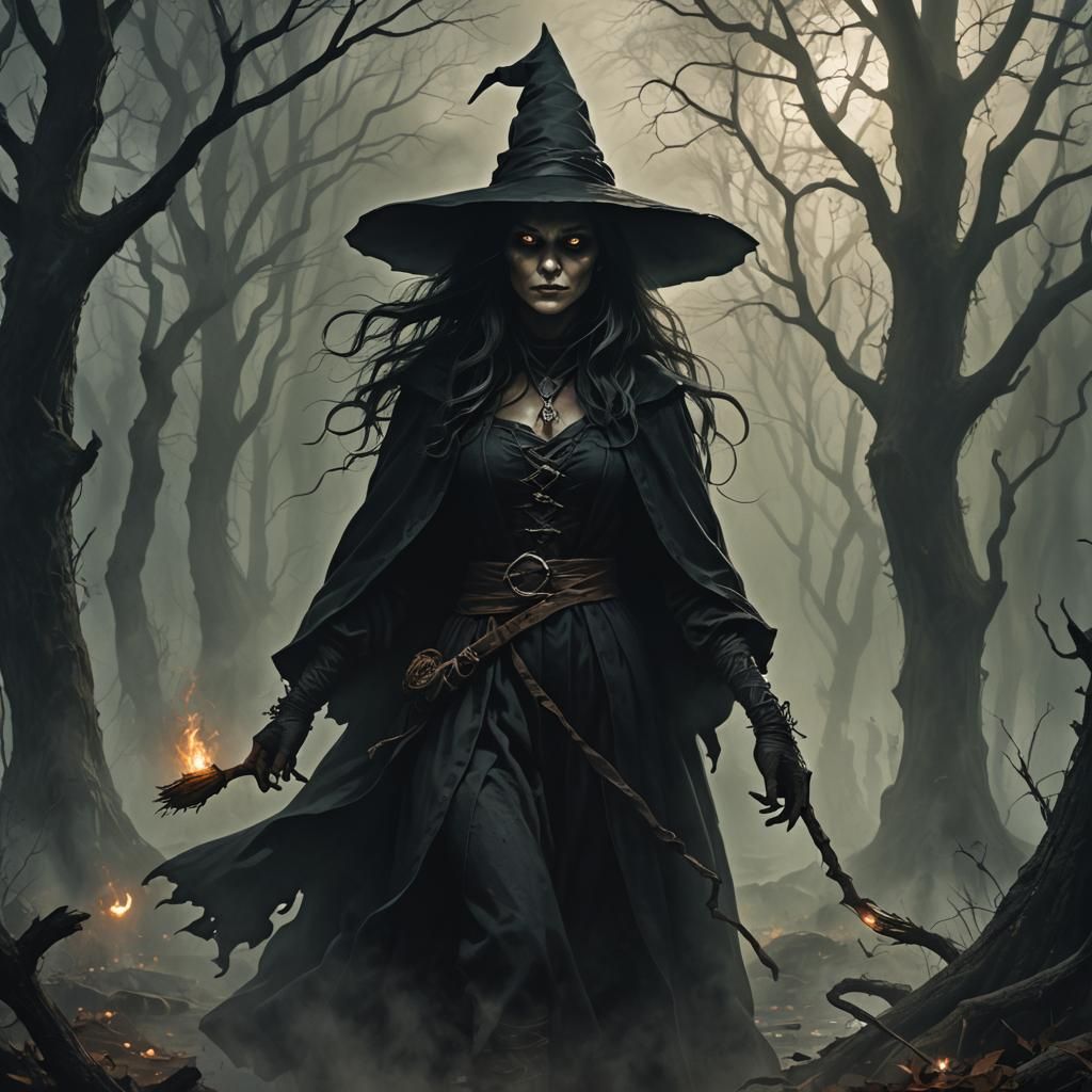 Dark Witch Portrait in Shadowy Magic Realm