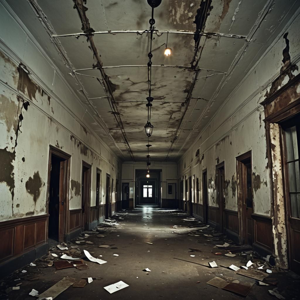 Eerie Abandoned Asylum Hallway in Gothic Style
