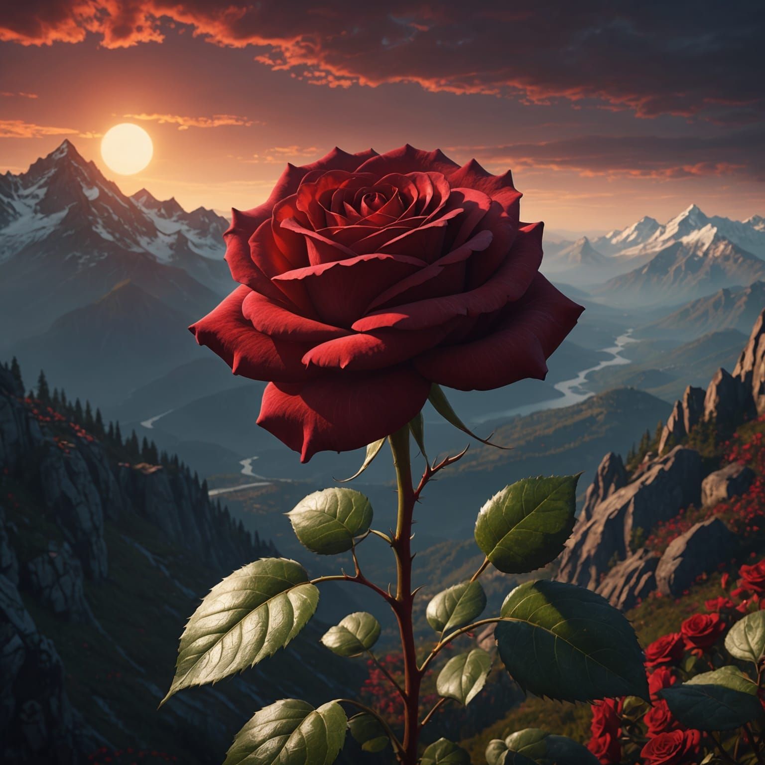 Glowing Deep Red Rose Fantasy Art