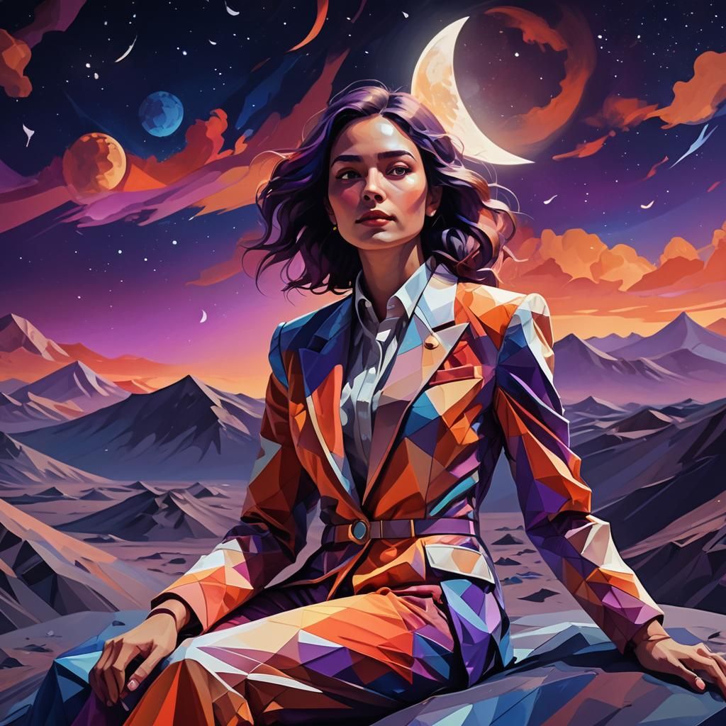 Woman on the Moon in Low-Poly Digital Art