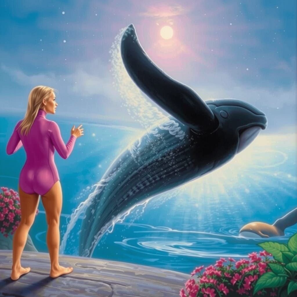 Woman in Pink Wetsuit Watching Jumping Whale