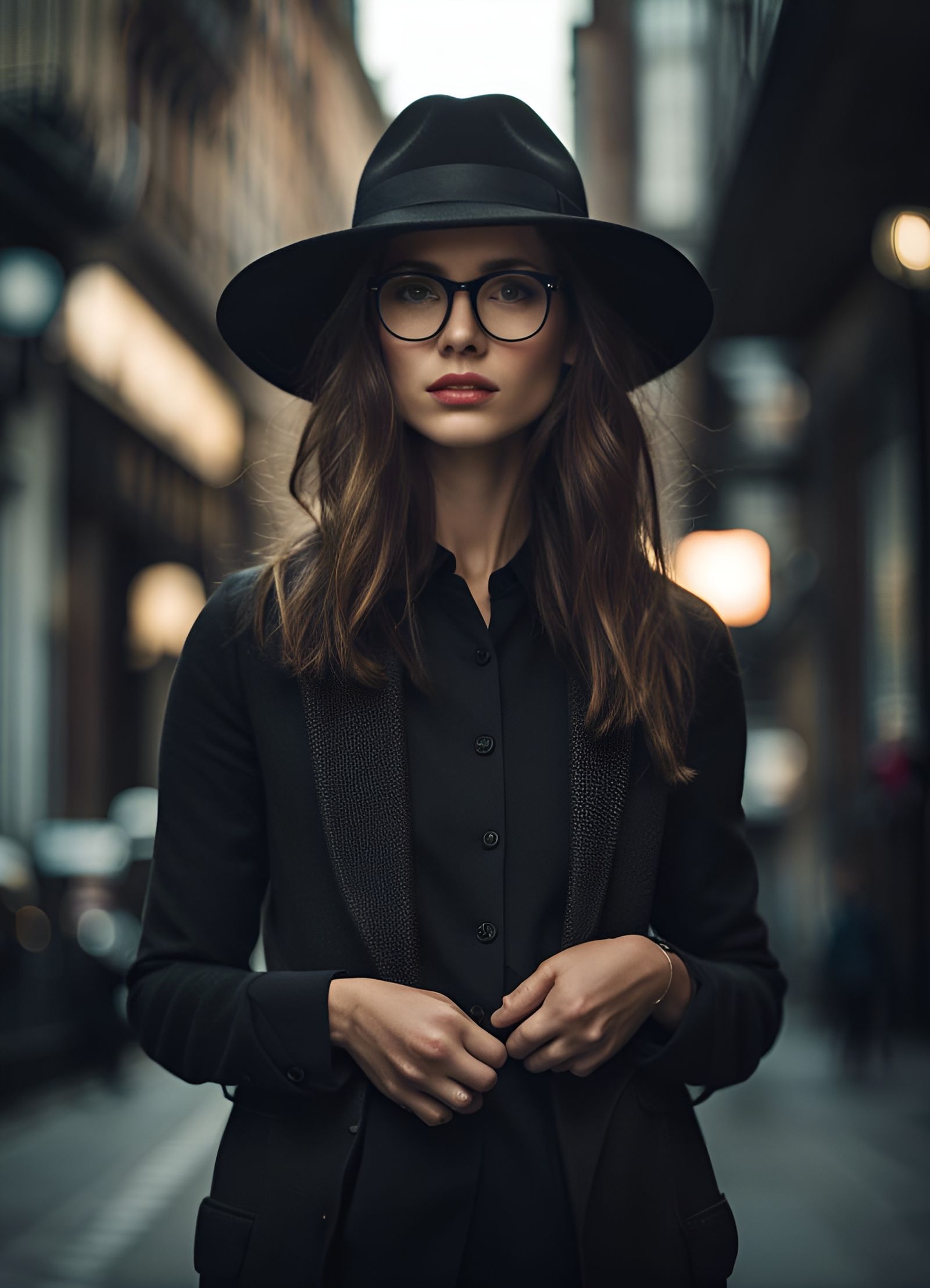 Elegant Hipster Woman in City Street Portrait