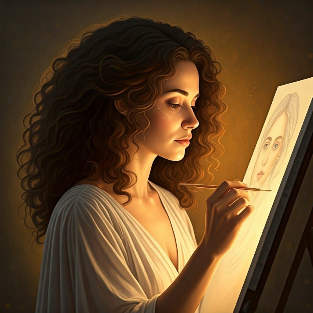 Serene Woman in Golden Light, Creating Her Own Likeness