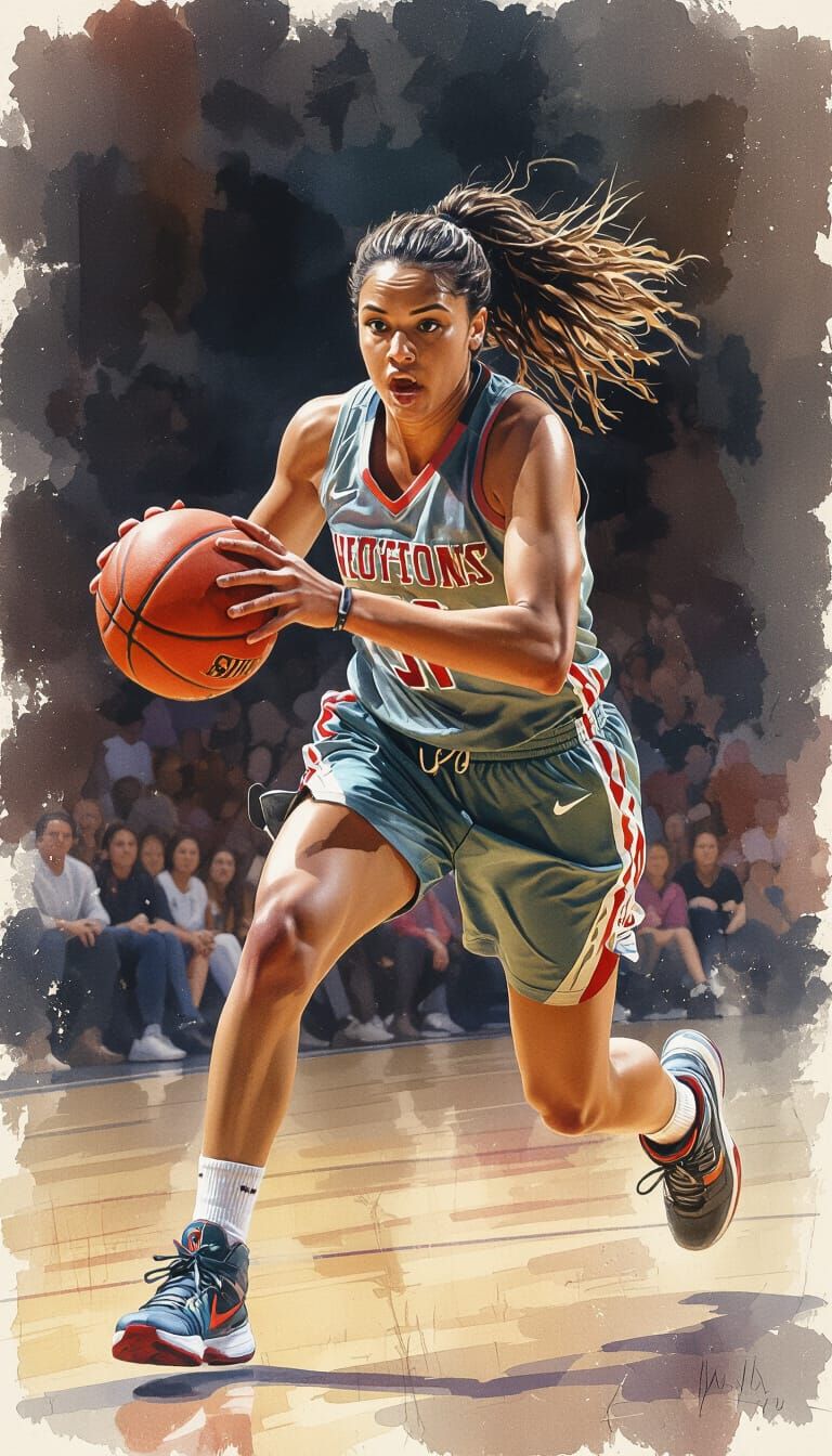 Dynamic Watercolor of Woman Basketball Player in Action