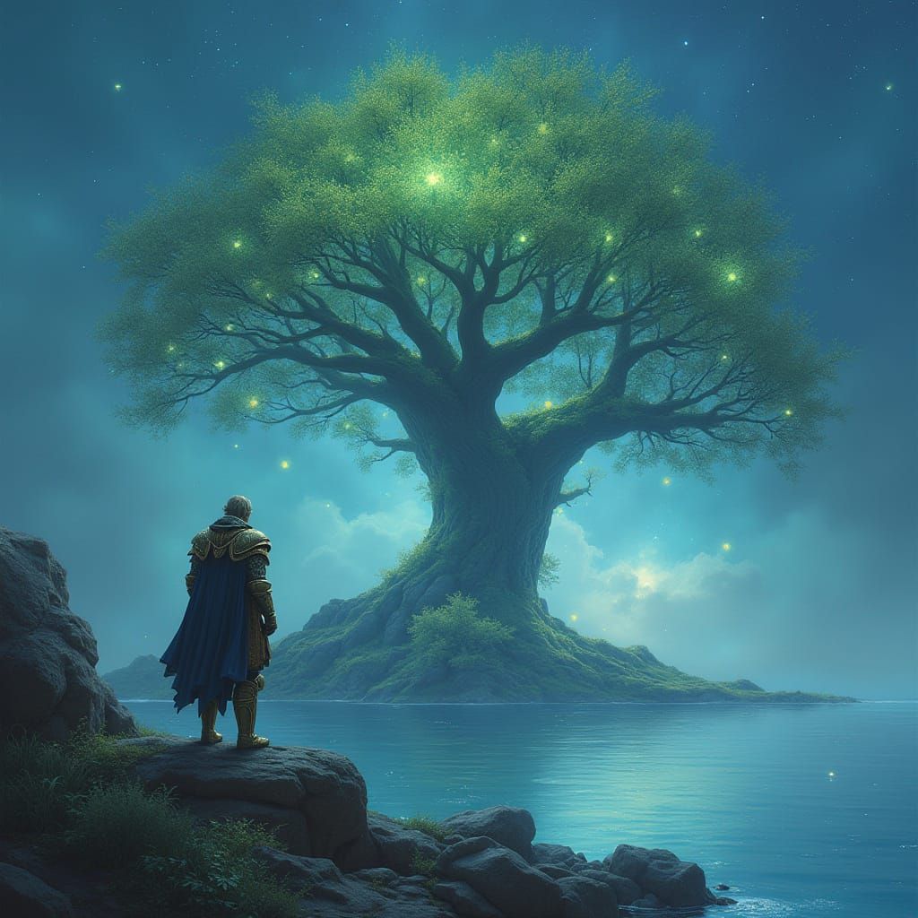 Ethereal Elf Gazing at Bioluminescent Tree