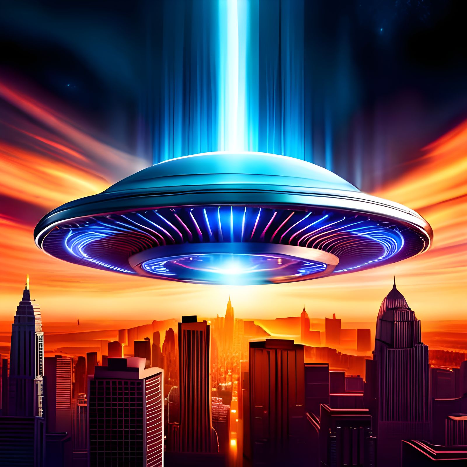 Detailed Chrome UFO Flies in Glowing Night Sky