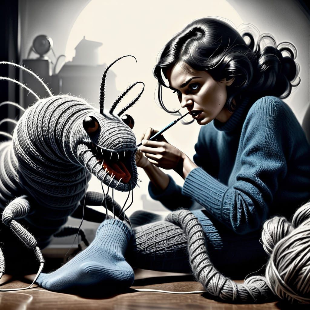 Lost Woman Knits for a Giant Centipede in a 1960s Pencil Ske...