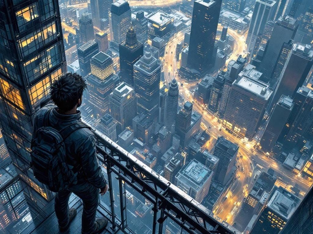 A figure looking down from a skyscraper edge.