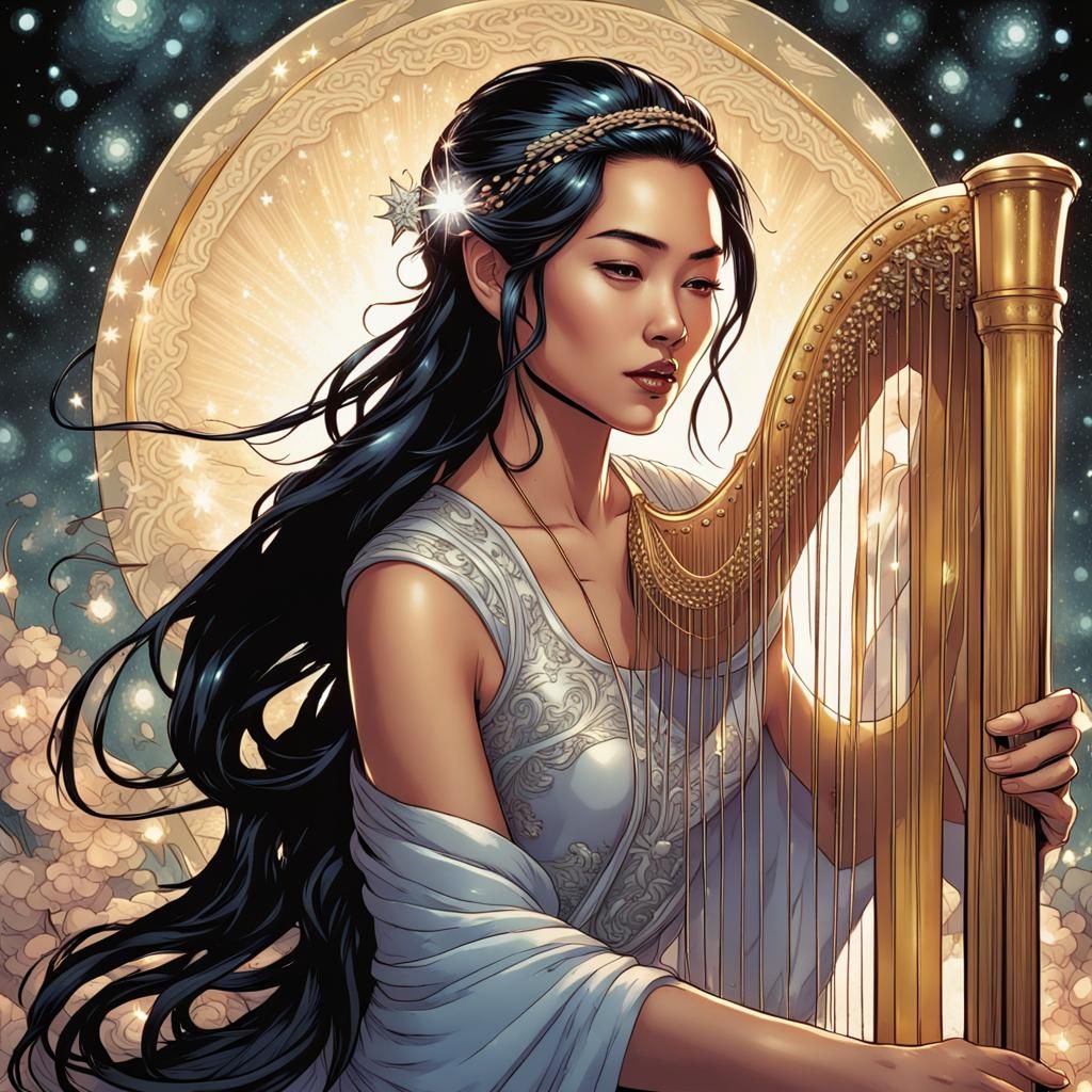 Asian Harpist with Crystalline Hair, Comic Book Art