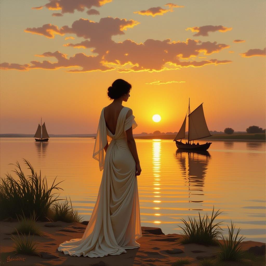 Nile Twilight: Woman in Golden Light, Orientalist Style