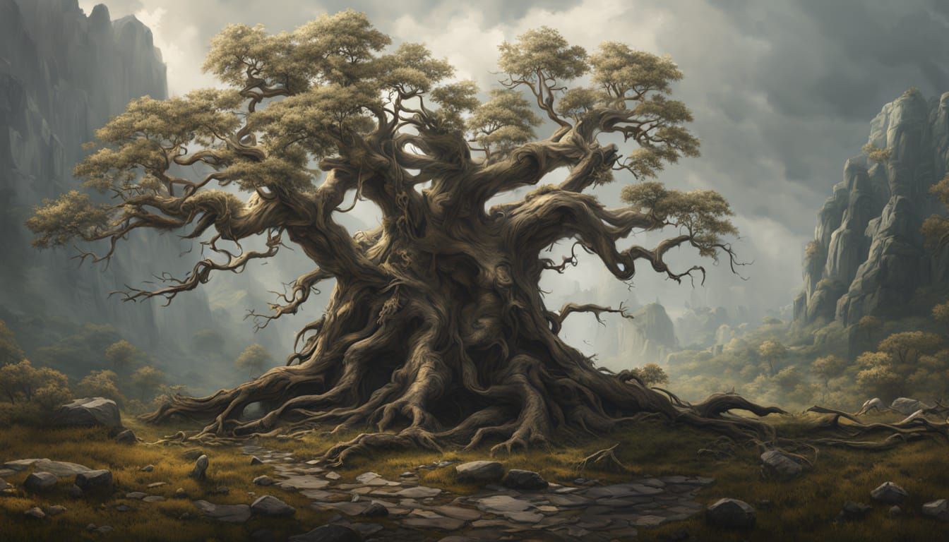 Gnarled Oak Tree Growing From Giant Skull