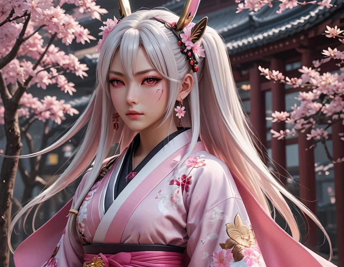 Cyborg Samurai Girl with Bunny Ears in 3D Anime Style