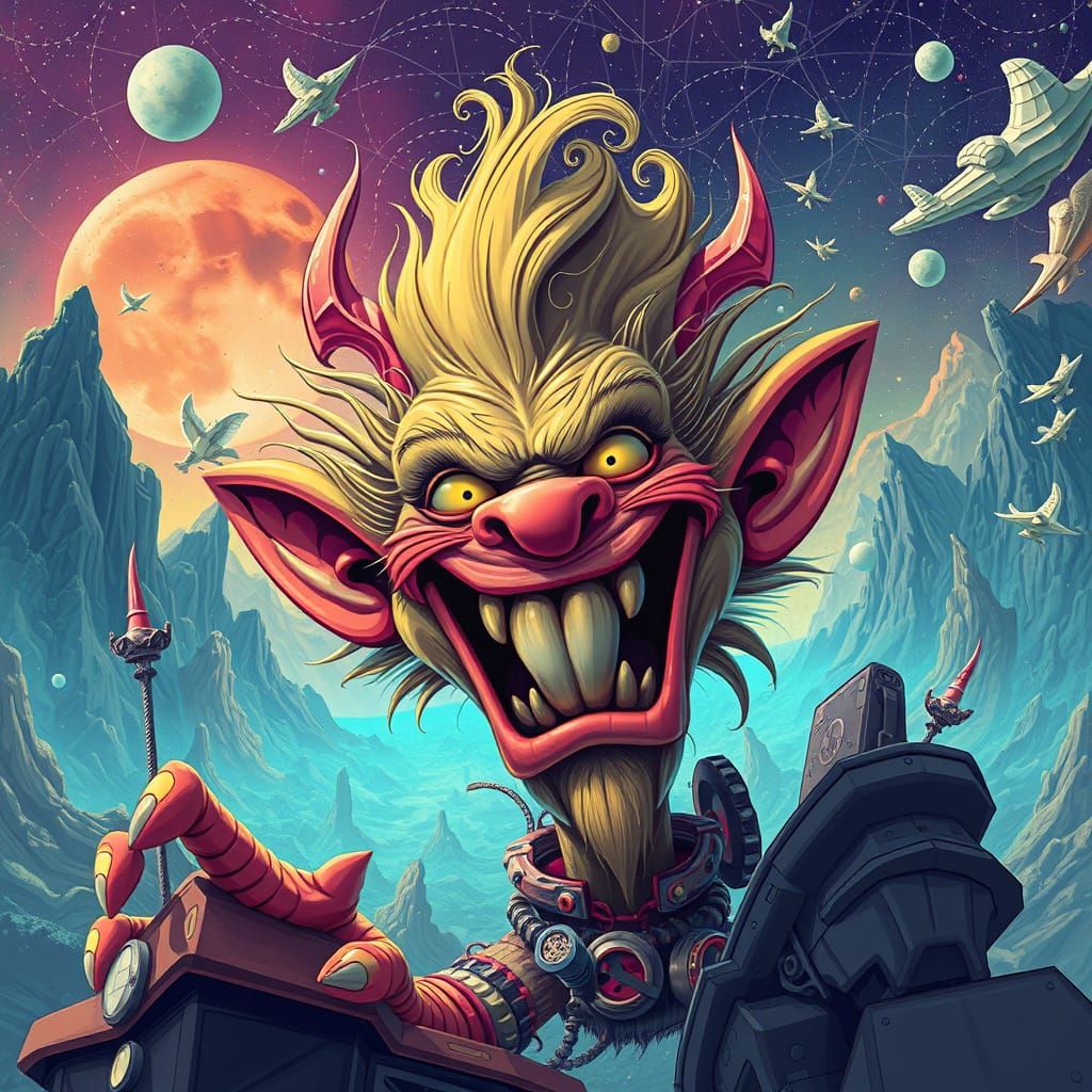 Ecstatic Troll in Surreal Fractal Landscape