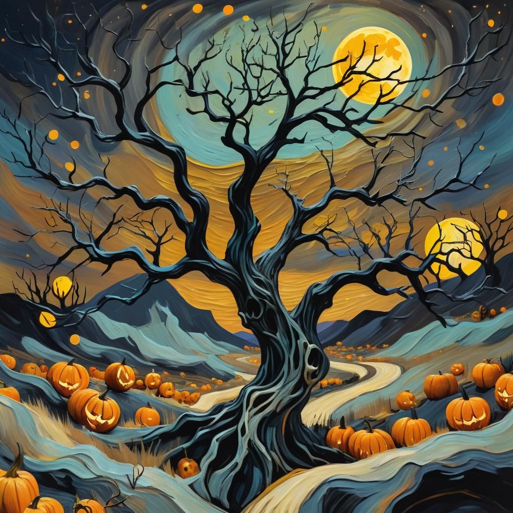Skull Moon Over Jack-o'-Lantern Valley in Impressionist Styl...