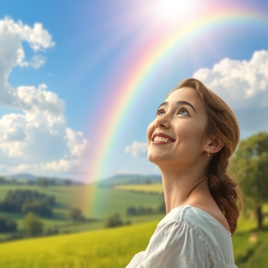 A Young Woman Seeks Inspiration Under a Dreamy Rainbow