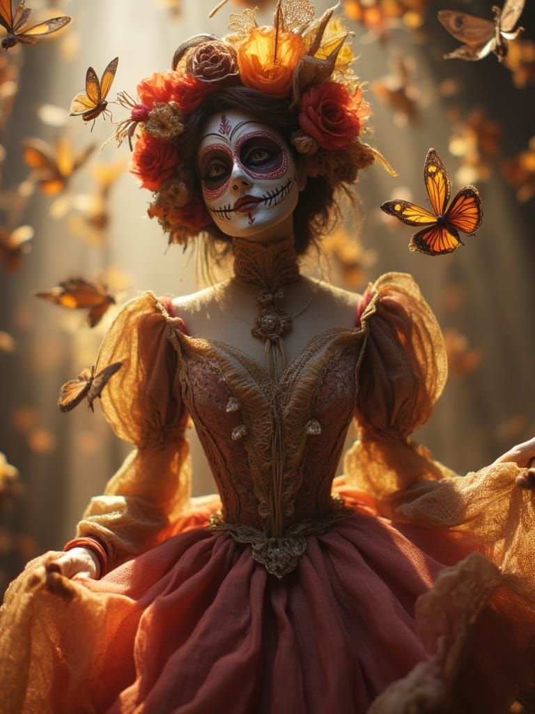 Dia de Los Muertos Woman with Flowers and Butterflies
