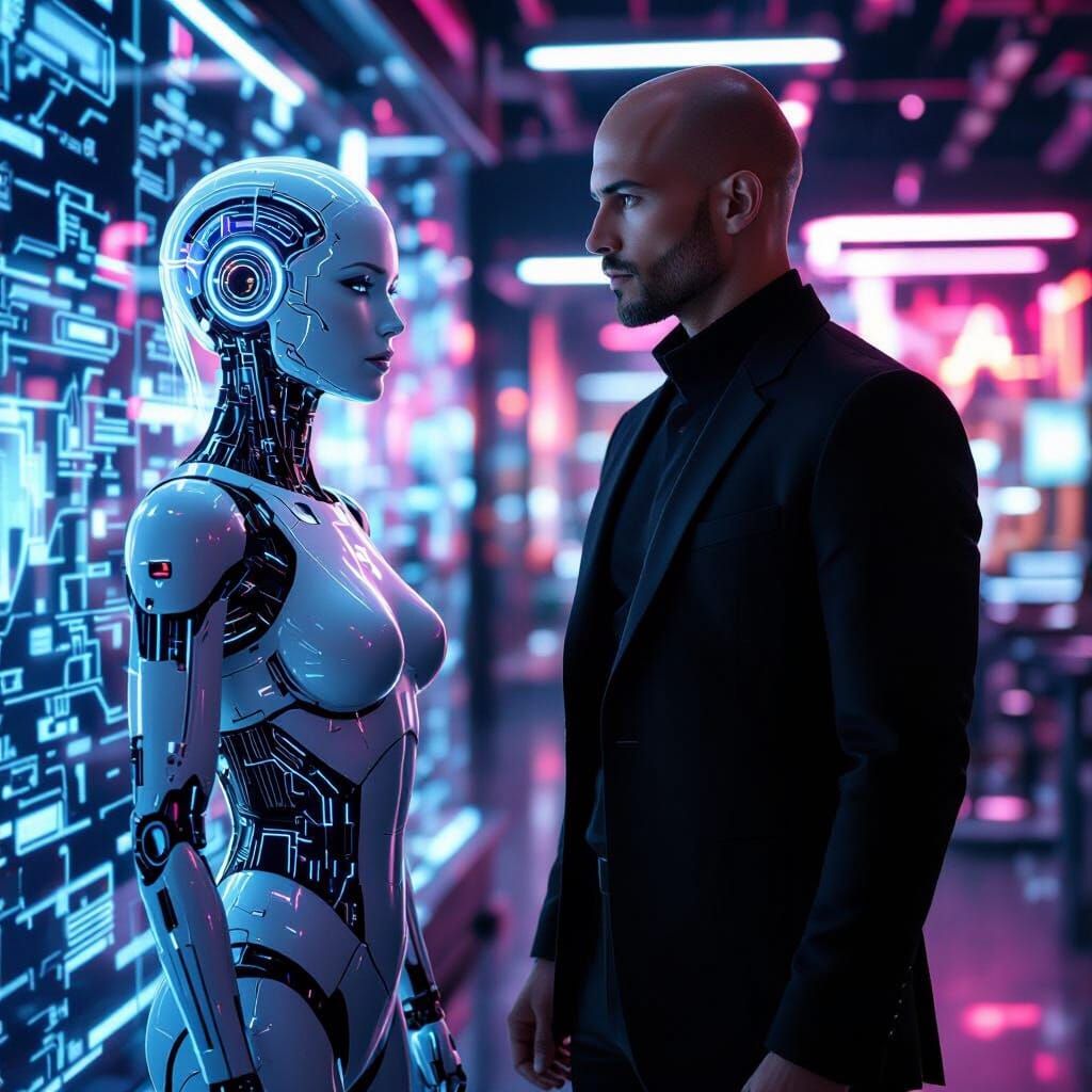 Man and AI Assistant in Cyberpunk Cityscape