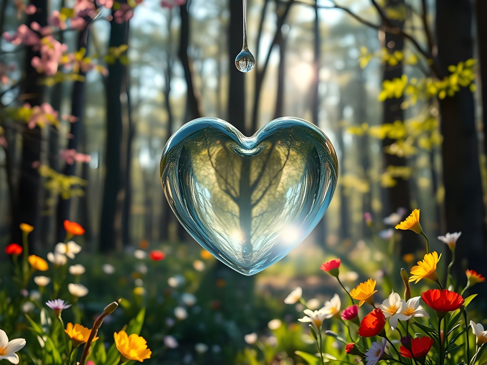 Vibrant Spring Forest Scene with Heart-Shaped Water Drop