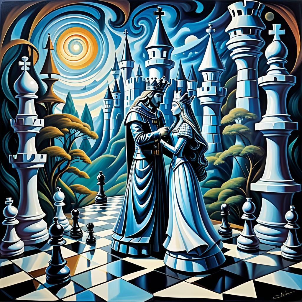 Cubist Chess Romance in a Surreal Dreamscape