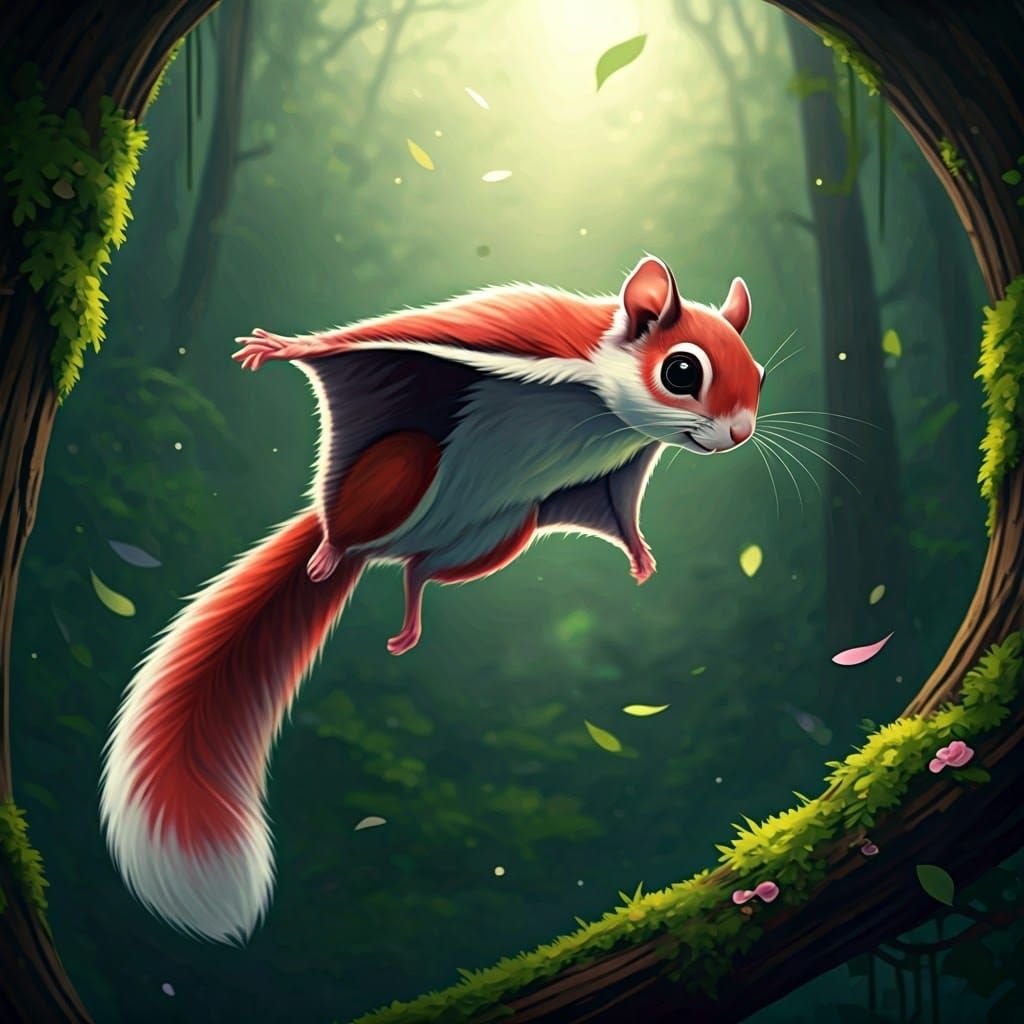 Whimsical Red and White Flying Squirrel Soars Through Misty ...