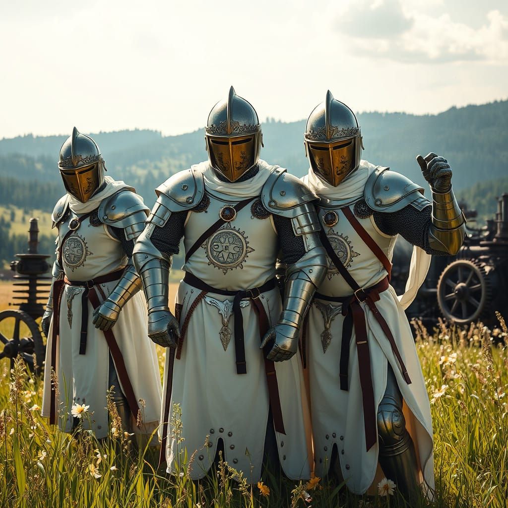 Steampunk Crusader Knights in White Satin Armor