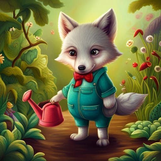 Baby Wolf Gardener in Surrealist Style