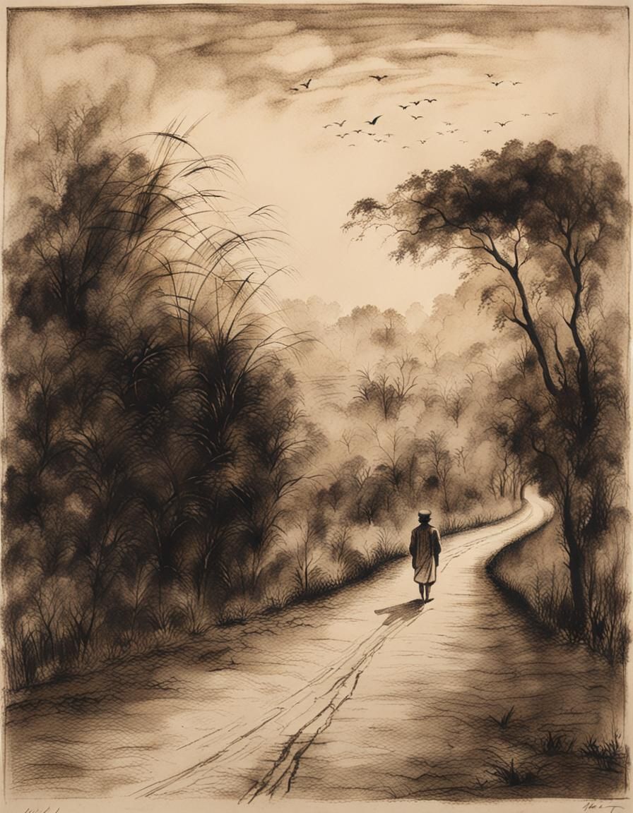 Indian Man on Rural Road in Dry Point Etching Style