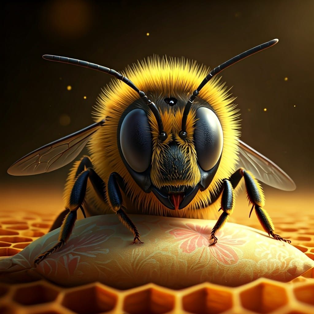 Adorable Baby Honey Bee Sleeping on Floral Pillow