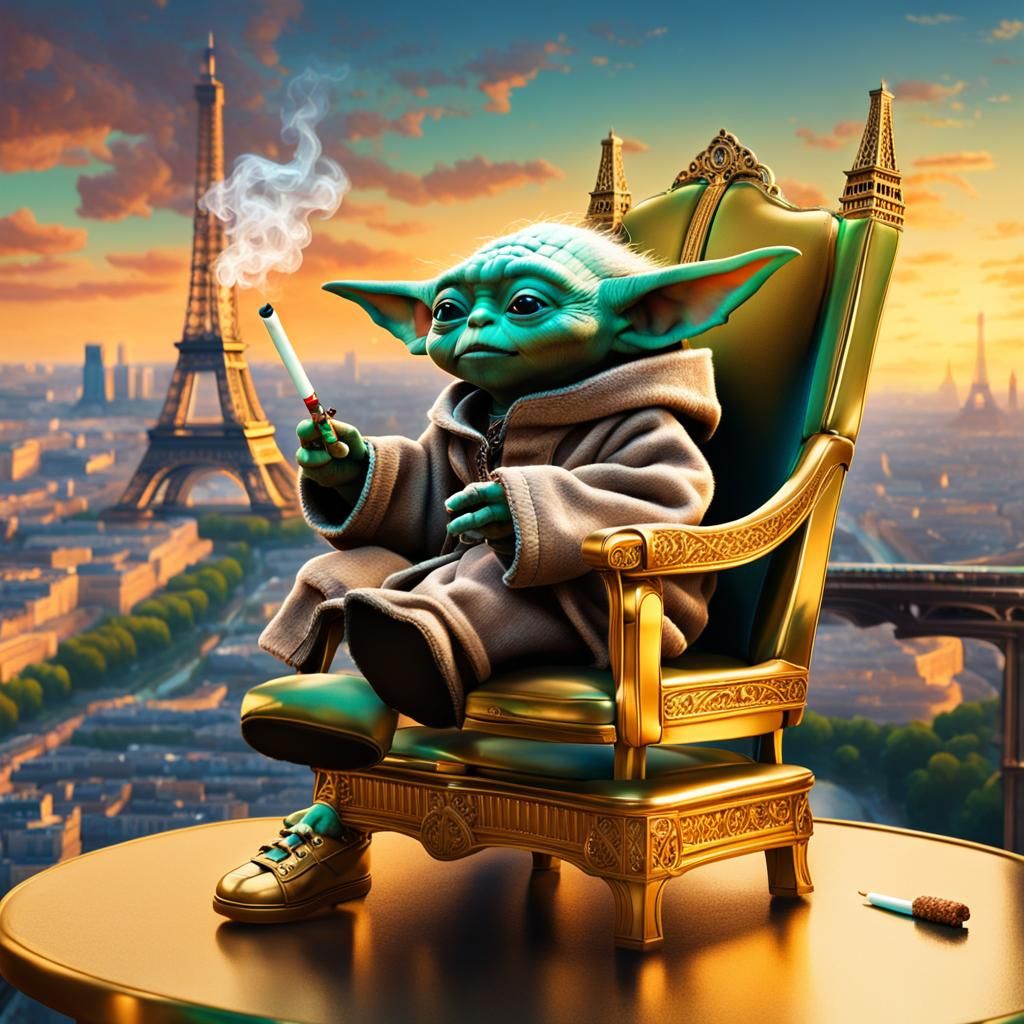 Baby Yoda Smoking on Eiffel Tower: Hyperrealistic Art