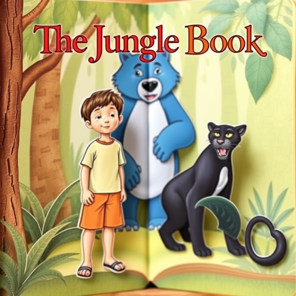 The Jungle Book with a boy in shorts and T-shirt, the blue bear Baloo, and the black panther Bagheera inside a pop-up bo...