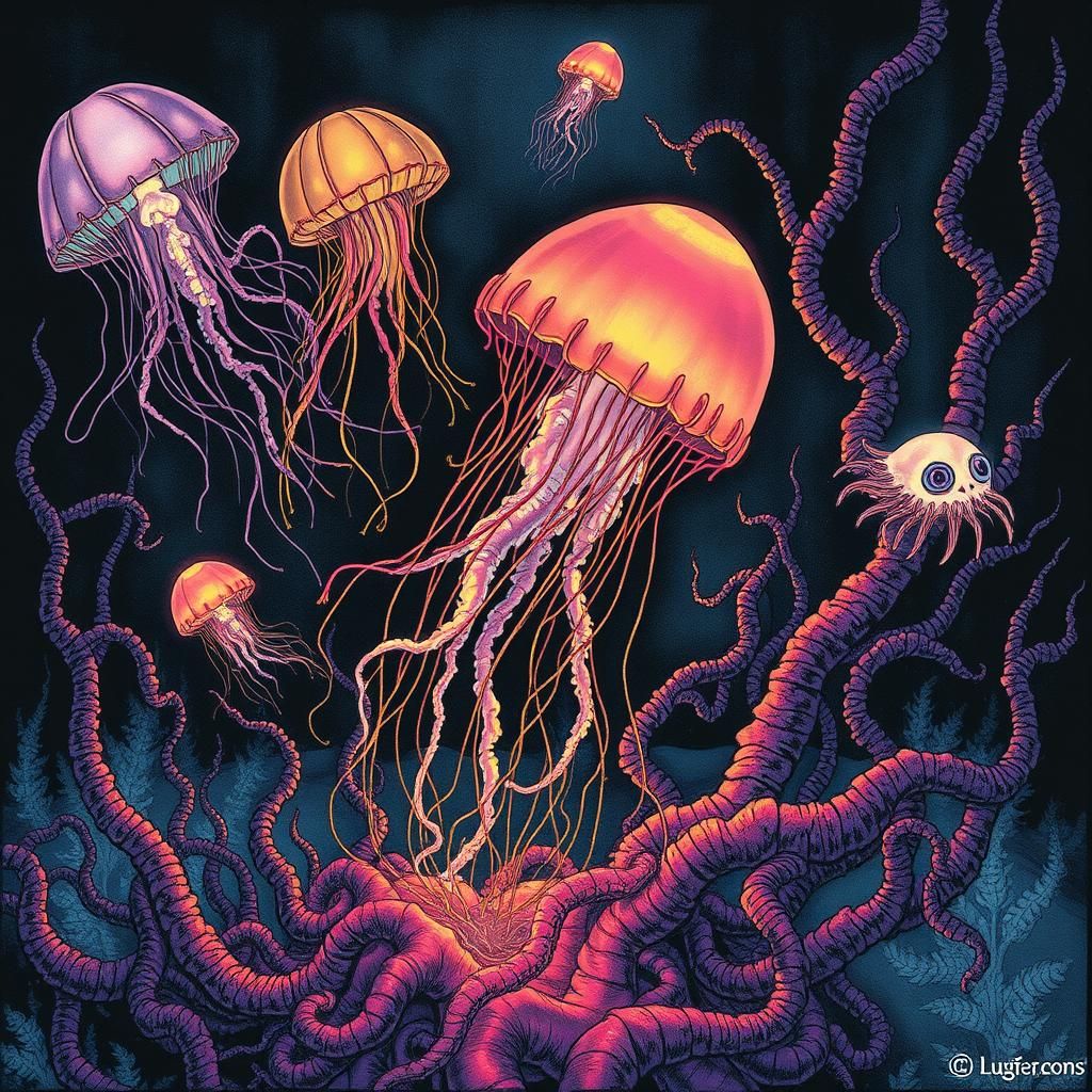 Bioluminescent Deep-Sea Creatures in Gothic Ink Style