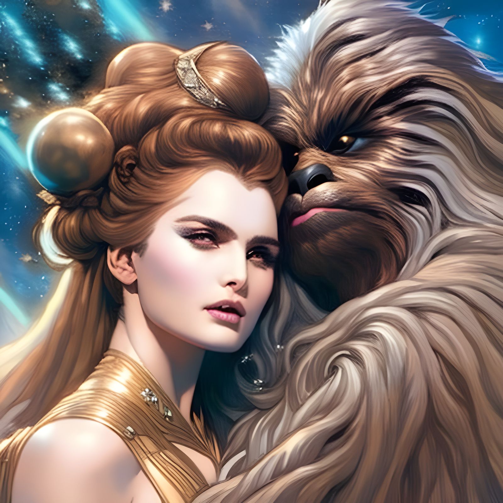 Chewbacca and Belle Embrace in Rococo Style