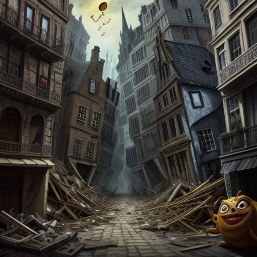 Surreal Collapsed City with Masquerade Rabbit