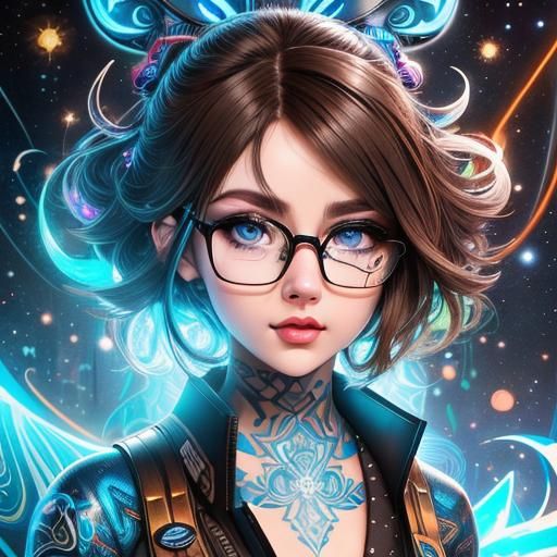 Nerdy Woman with Glowing Ink Letters in Inkcore Style