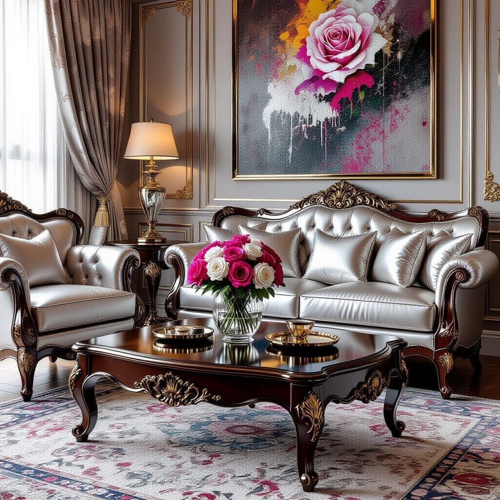 Luxurious Living Room with Carved Wood and Satin Cushions