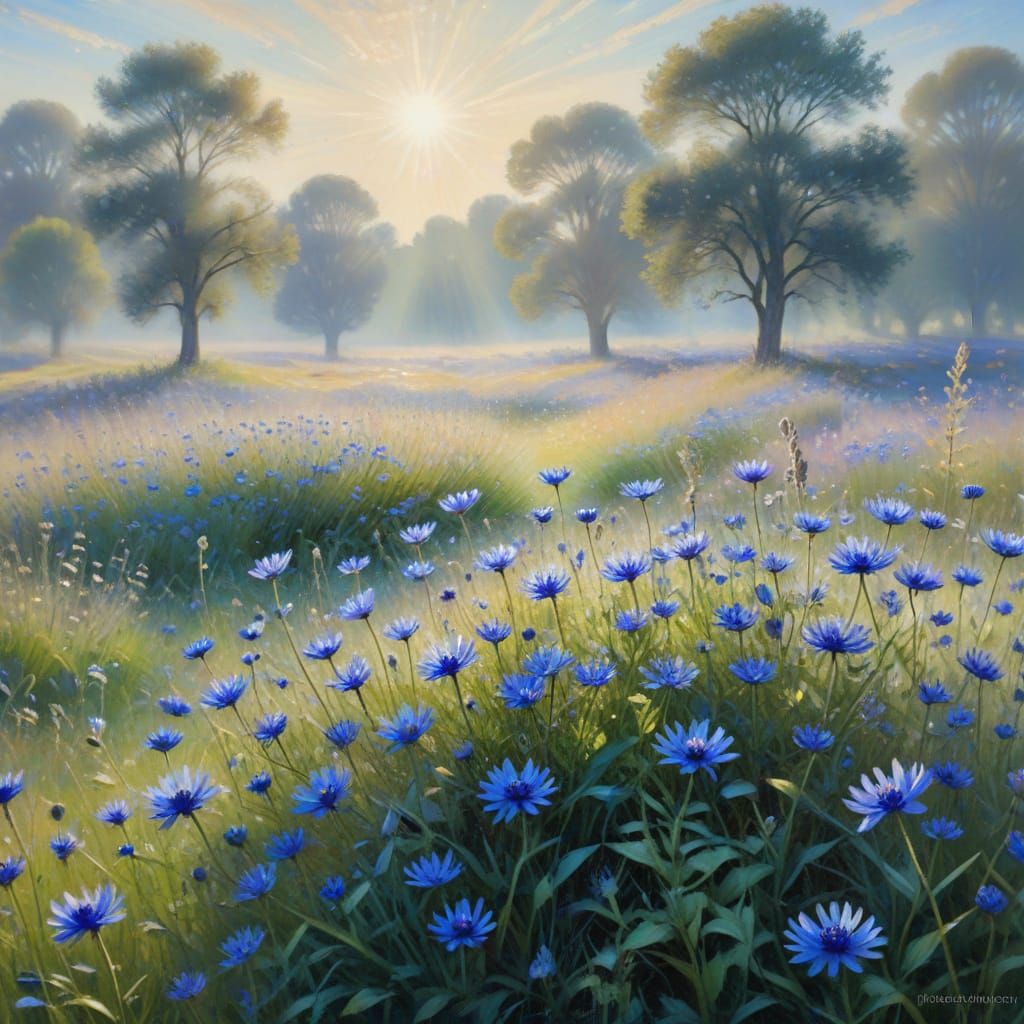 Surreal Blue Cornflower Meadow in Vibrant Daylight